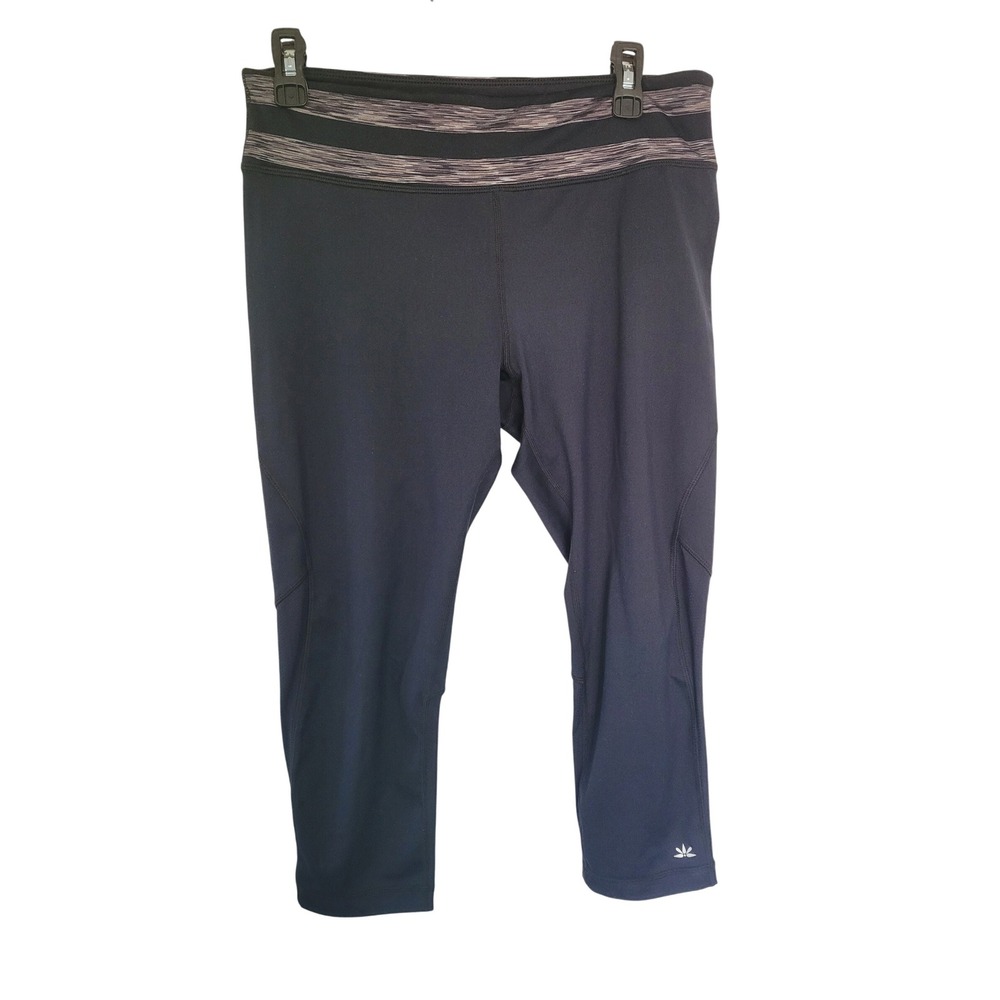 Lukka Black Athletic Workout Cropped Leggings Striped Waistband Activewear L #14